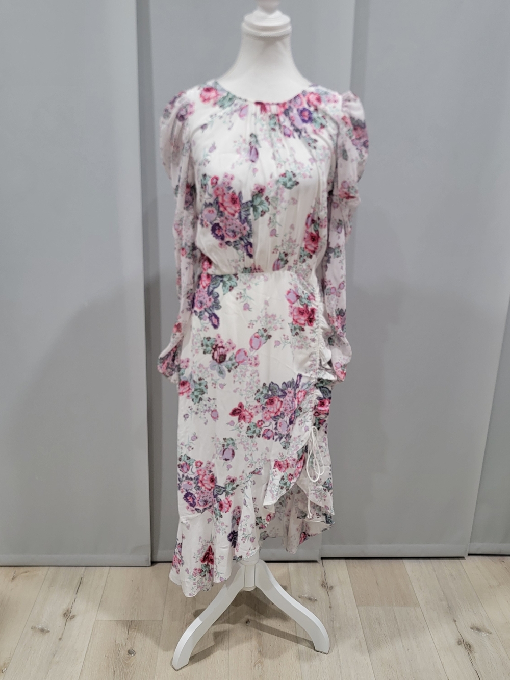 For Love And Lemons White Floral Ruffle Midi Dress with Pink & Purple Blooms